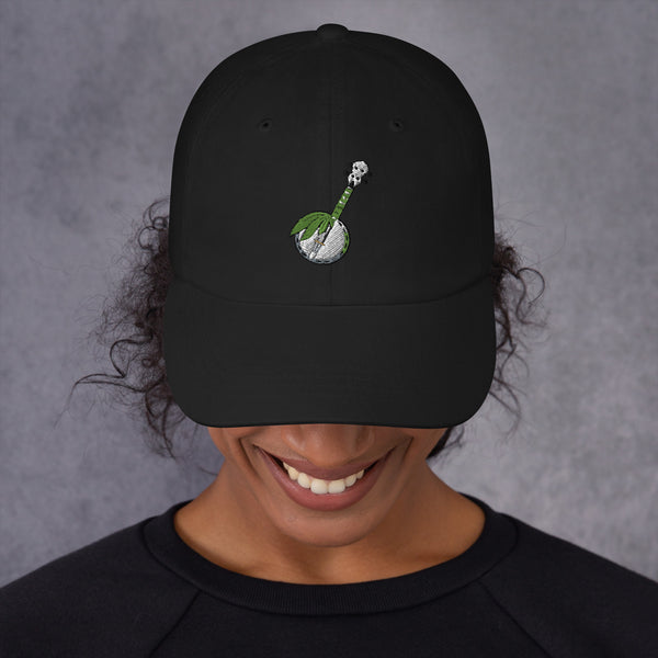 Green Banjo embroidered dad hat in black, front view