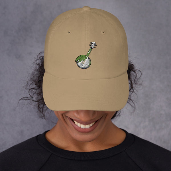 Green Banjo embroidered dad hat in khaki, front view