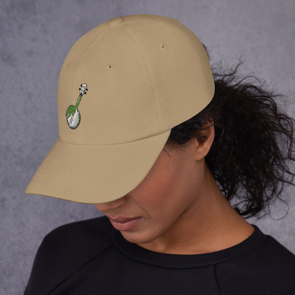 Green Banjo embroidered dad hat in khaki, left side view