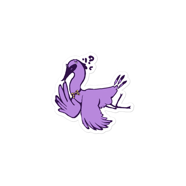 Stoney the Stork Confused sticker: a purple stork in a yellow polka-dot bow tie
