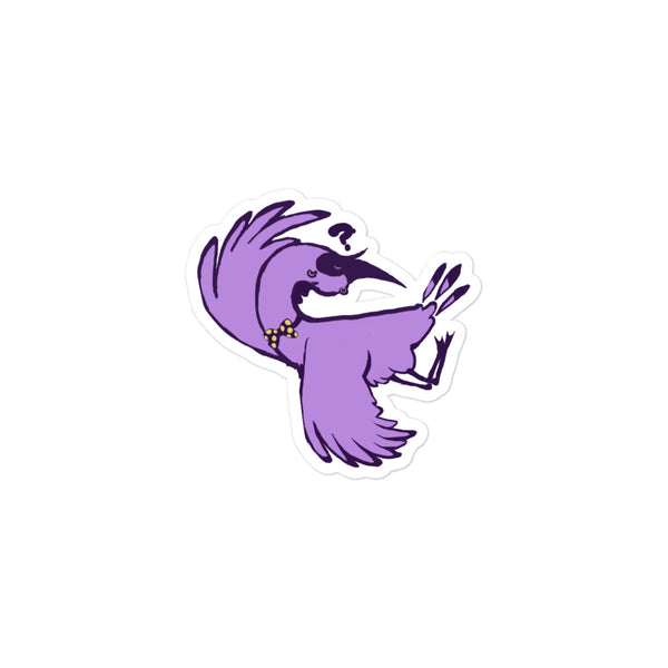Stoney the Stork Twisted sticker: a purple stork in a yellow polka-dot bow tie