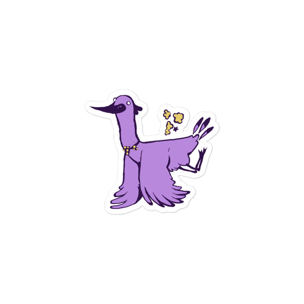 Stoney the Stork Puff Strut sticker: a purple stork in a yellow polka-dot bow tie