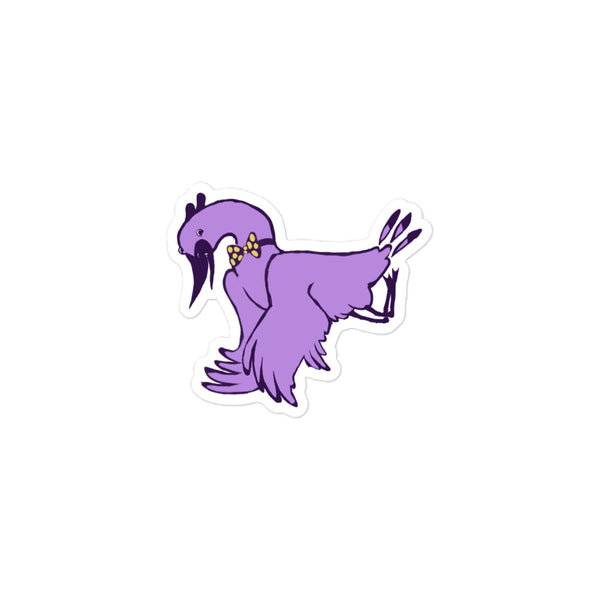 Stoney the Stork Shy sticker: a purple stork in a yellow polka-dot bow tie
