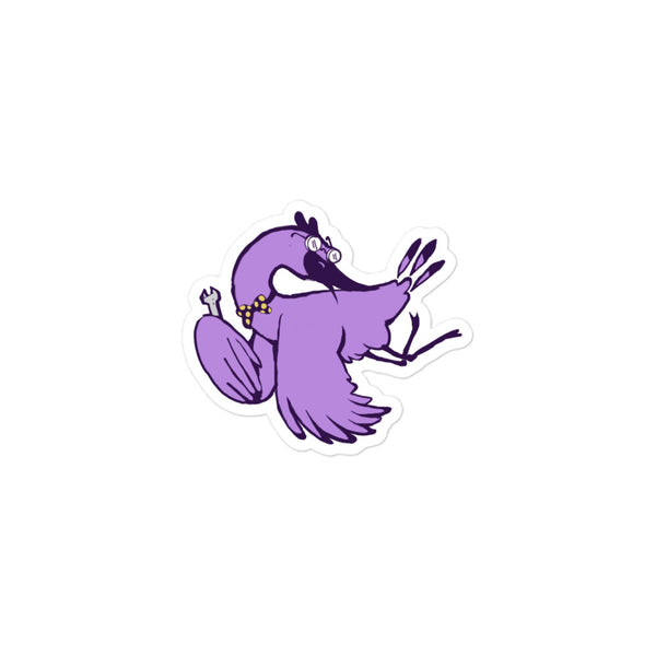 Stoney the Stork Mechanic sticker: a purple stork in a yellow polka-dot bow tie