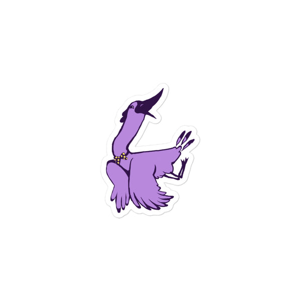 Stoney the Stork Sky Gazer sticker: a purple stork in a yellow polka-dot bow tie