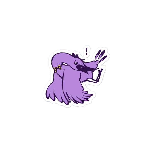 Stoney the Stork Surprised sticker: a purple stork in a yellow polka-dot bow tie