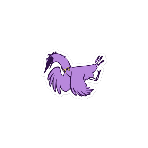 Stoney the Stork Bowing sticker: a purple stork in a yellow polka-dot bow tie