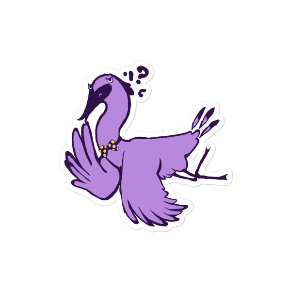 Stoney the Stork Confused sticker: a purple stork in a yellow polka-dot bow tie