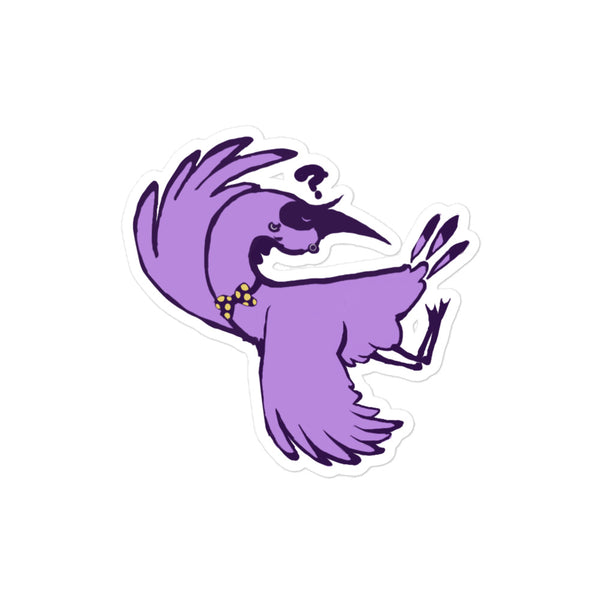 Stoney the Stork Twisted sticker: a purple stork in a yellow polka-dot bow tie