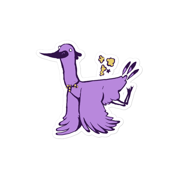 Stoney the Stork Puff Strut sticker: a purple stork in a yellow polka-dot bow tie