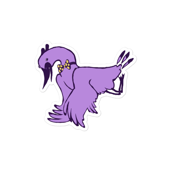 Stoney the Stork Shy sticker: a purple stork in a yellow polka-dot bow tie