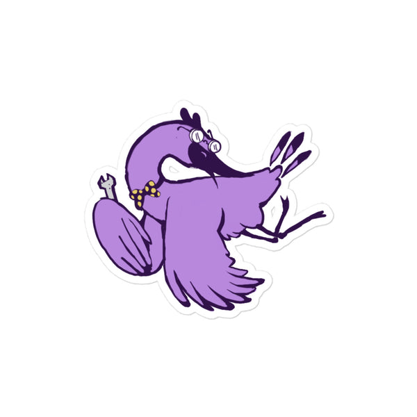 Stoney the Stork Mechanic sticker: a purple stork in a yellow polka-dot bow tie