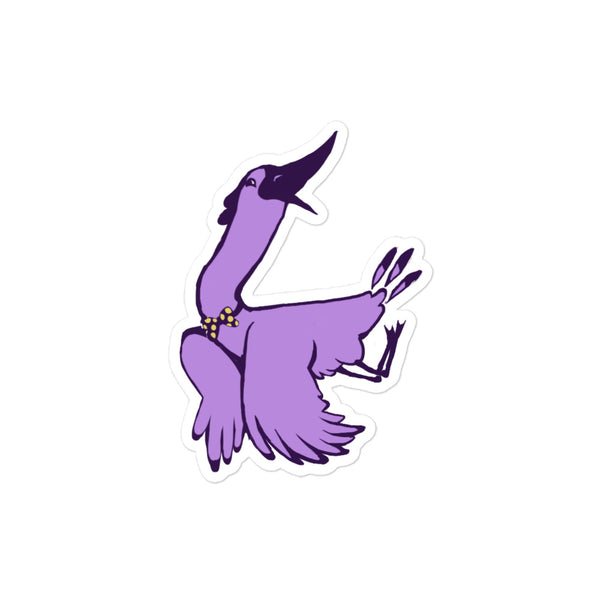 Stoney the Stork Sky Gazer sticker: a purple stork in a yellow polka-dot bow tie