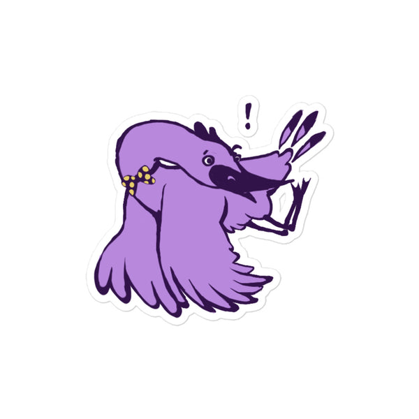 Stoney the Stork Surprised sticker: a purple stork in a yellow polka-dot bow tie