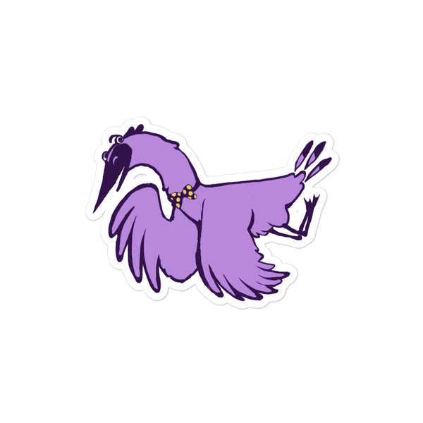 Stoney the Stork Bowing sticker: a purple stork in a yellow polka-dot bow tie
